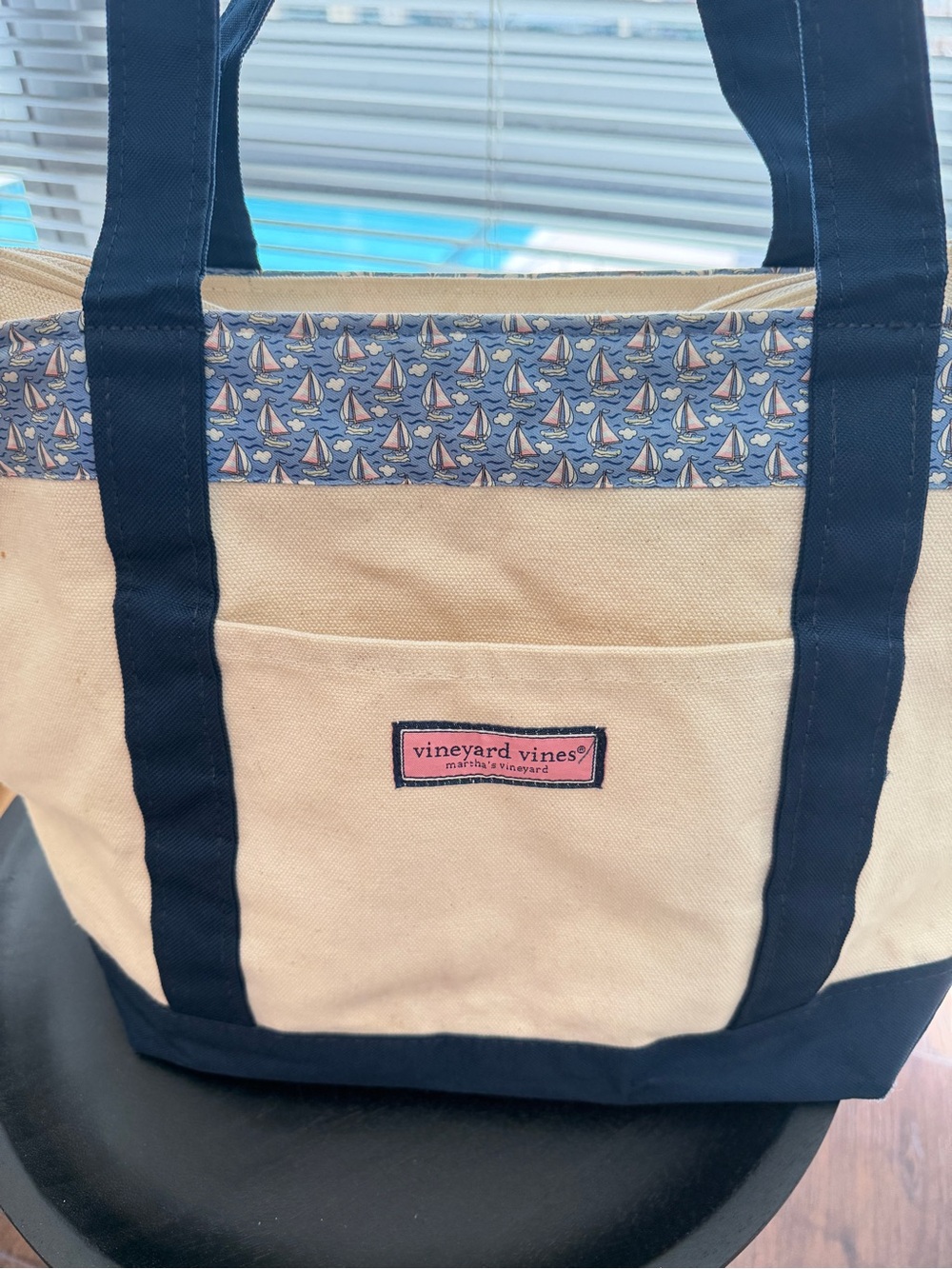 Vineyard Vines Cream Canvas Tote with Navy Straps - Picture 2 of 3